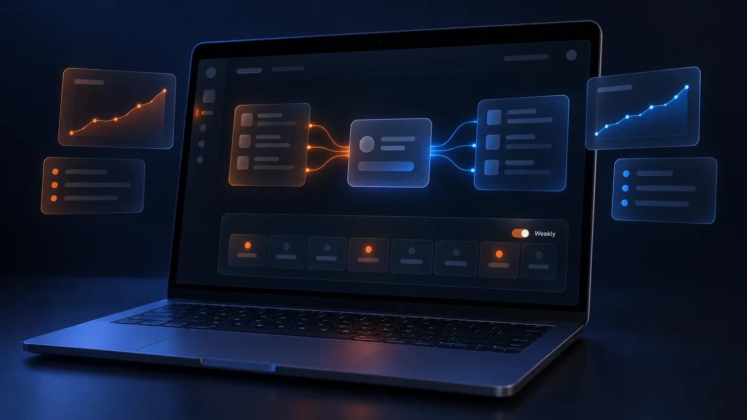 Dark SaaS marketing workspace on a laptop: two separate panels flowing into one merged workspace, with a weekly routine strip of day cards marked in orange and a Weekly toggle