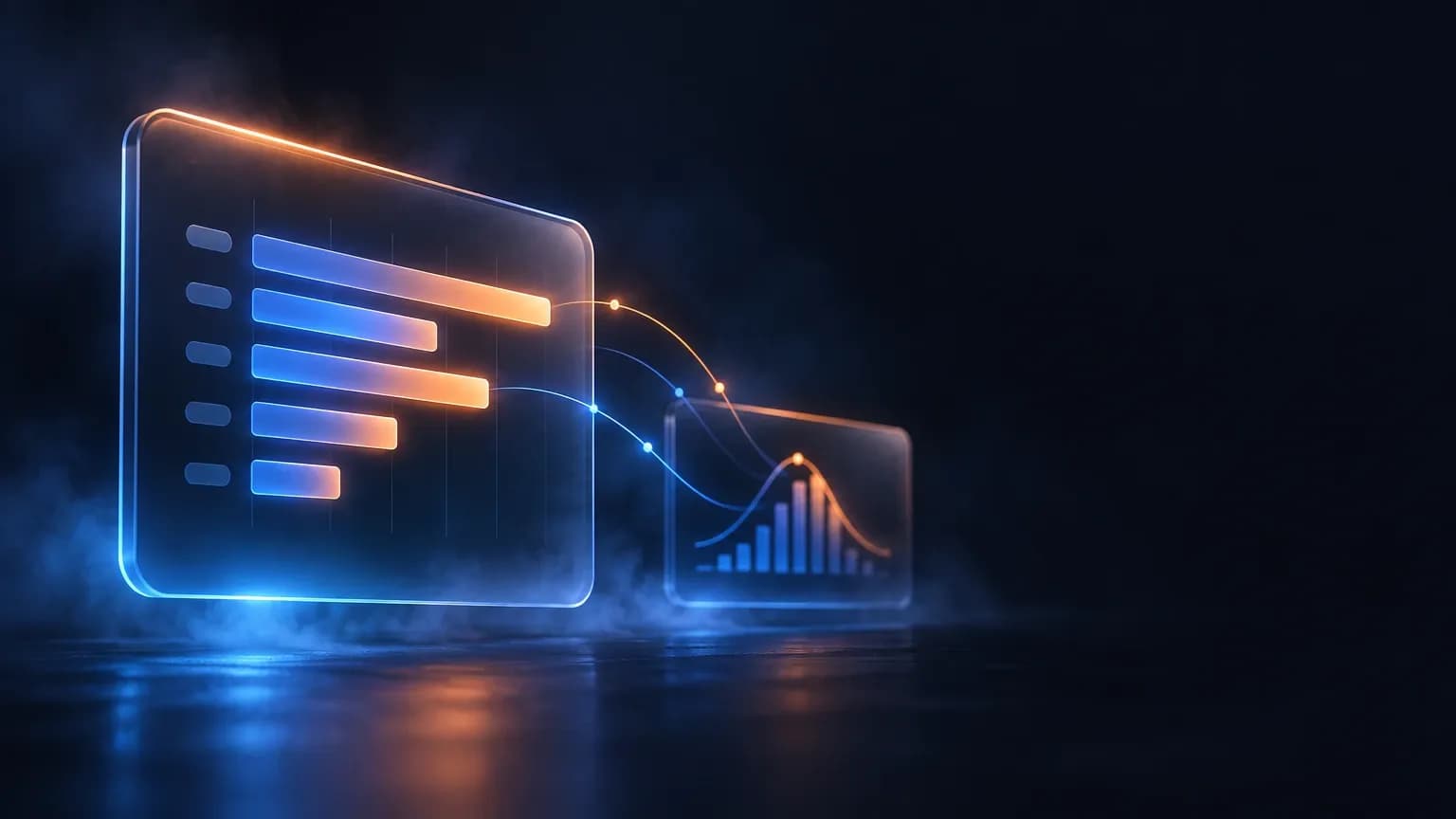 Dark editorial hero illustration: two translucent glass panels suggesting a pay range and a comparison point, linked by a thin glowing data line, on a deep navy background.