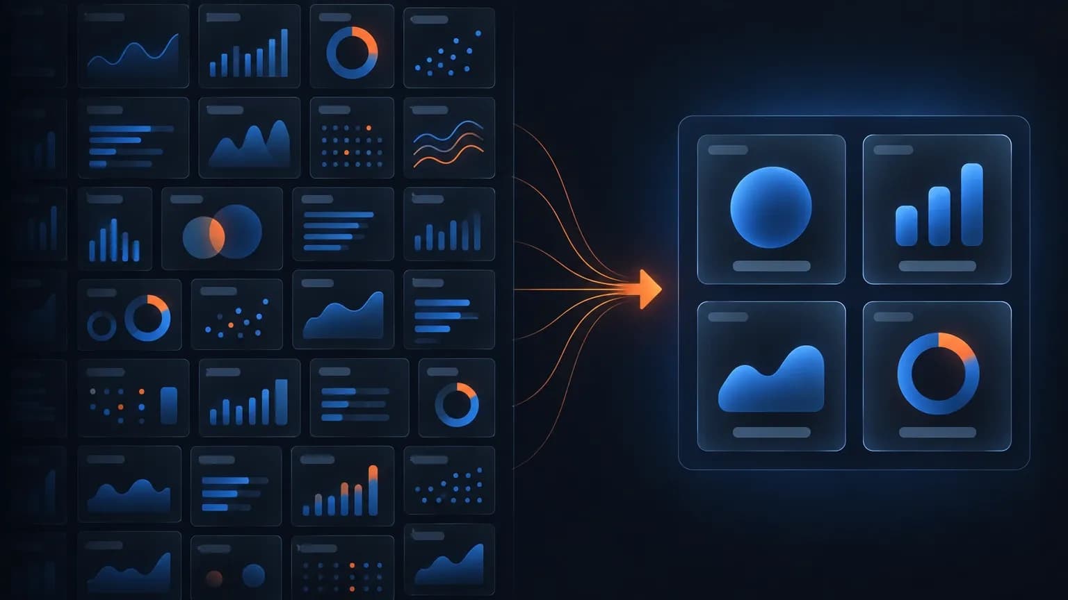A marketing dashboard reduced from a crowded wall of tiles to a handful of numbers, each paired with a decision label
