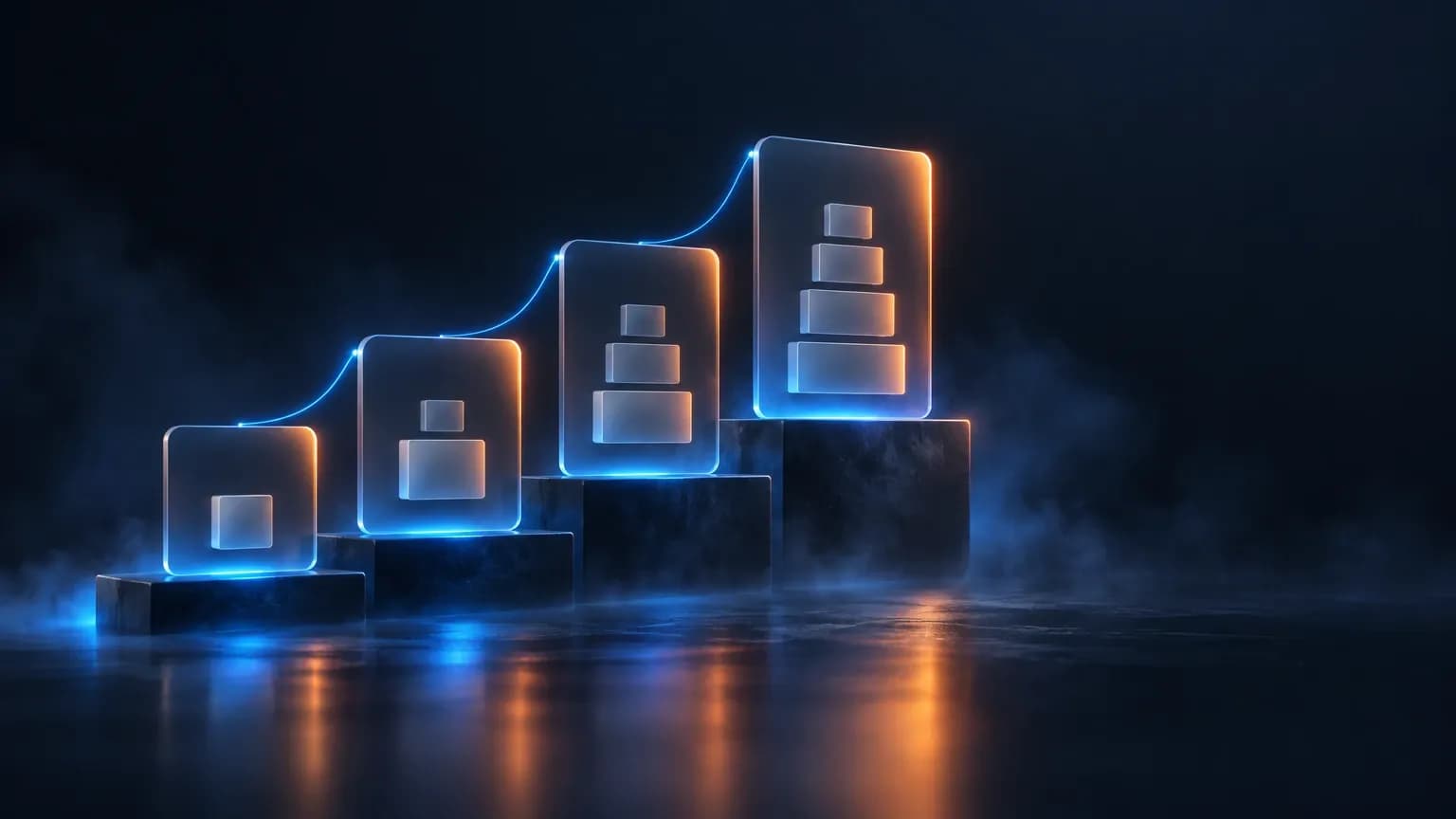Dark editorial hero illustration: four translucent glass pricing panels ascending like a staircase, rim-lit in orange and blue, on a deep navy background.