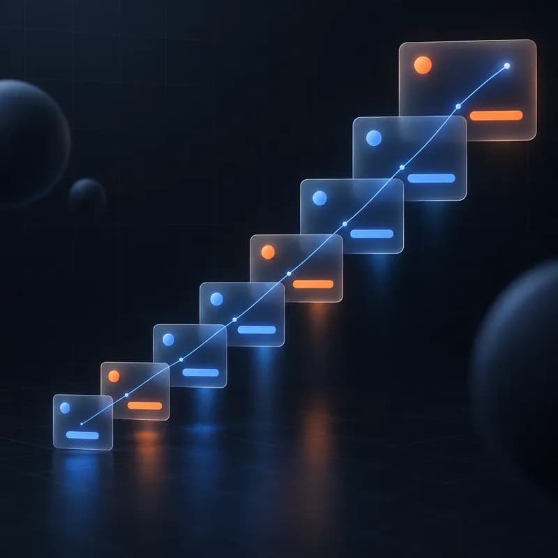 Ascending stack of frosted glass cards on a deep navy background, orange and blue accent bars, showing a growing price ladder