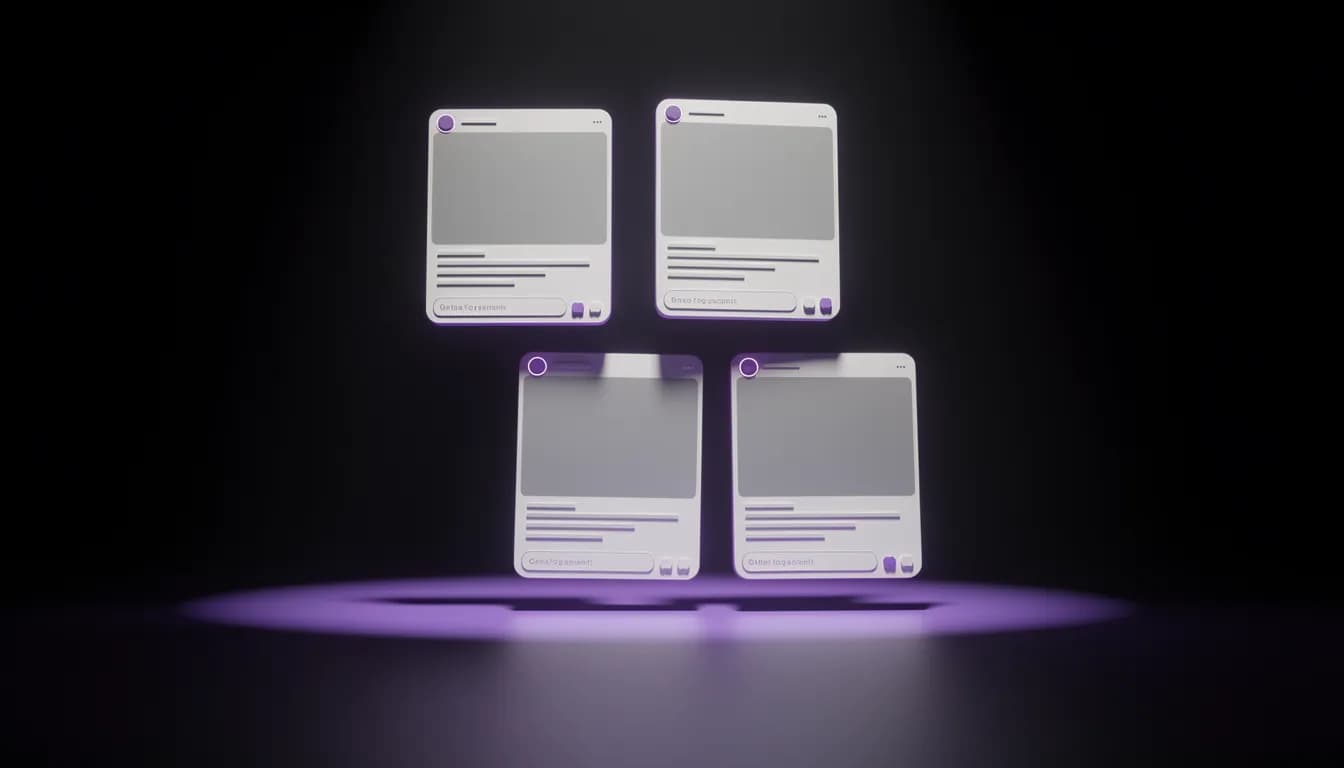 Social Media Marketing โ mosaic grid of platform post cards with vivid purple spotlight, pure black background