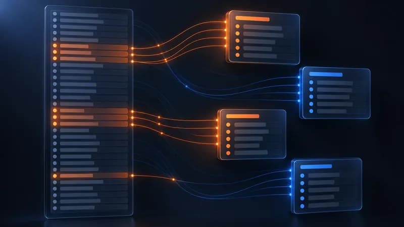 Dark keyword clustering dashboard with a keyword list on the left fanning into four separate cluster cards, navy background with orange and blue accents